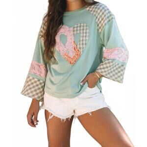 NEW LITTLE DAISY CLOSET plaid floral patchwork heart shape long sleeve top in cl